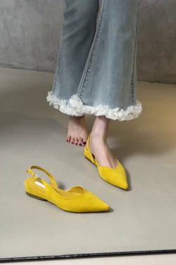 Pointed Toe Sheepskin Wedge Heeled Sandals for Women, French Minimalist Back Strap Evening Shoes, Chic Commuting Flats