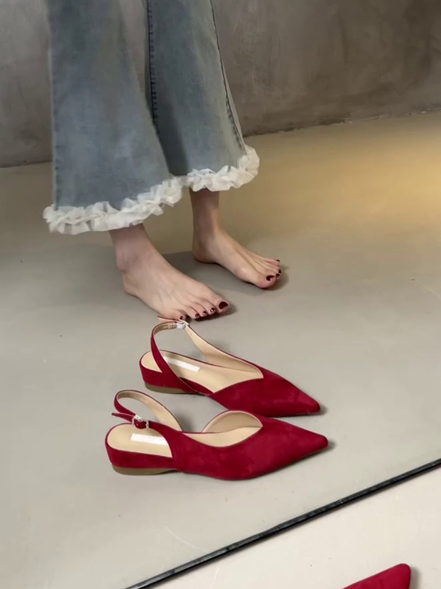 Pointed Toe Sheepskin Wedge Heeled Sandals for Women, French Minimalist Back Strap Evening Shoes, Chic Commuting Flats Pointed Toe Sheepskin Wedge Heeled Sandals for Women, French Minimalist Back Strap Evening Shoes, Chic Commuting Flats