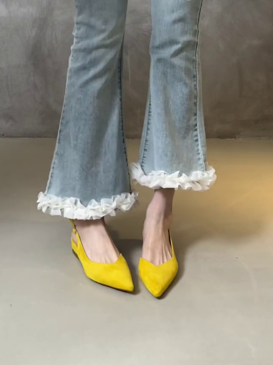 Pointed Toe Sheepskin Wedge Heeled Sandals for Women, French Minimalist Back Strap Evening Shoes, Chic Commuting Flats Pointed Toe Sheepskin Wedge Heeled Sandals for Women, French Minimalist Back Strap Evening Shoes, Chic Commuting Flats