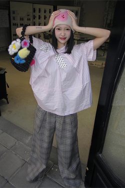 Polka Dot Bow Short Sleeve Shirt for Women - Pink Striped Blouse, French Sweet Top, Trendy Summer Fashion