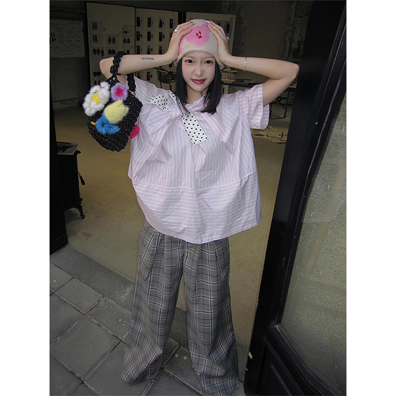 Polka Dot Bow Short Sleeve Shirt for Women - Pink Striped Blouse, French Sweet Top, Trendy Summer Fashion Polka Dot Bow Short Sleeve Shirt for Women - Pink Striped Blouse, French Sweet Top, Trendy Summer Fashion