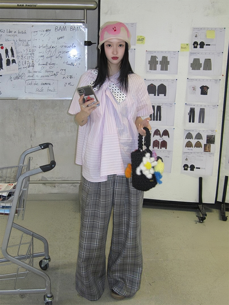 Polka Dot Bow Short Sleeve Shirt for Women - Pink Striped Blouse, French Sweet Top, Trendy Summer Fashion Polka Dot Bow Short Sleeve Shirt for Women - Pink Striped Blouse, French Sweet Top, Trendy Summer Fashion