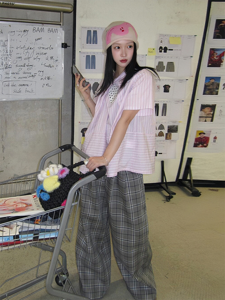 Polka Dot Bow Short Sleeve Shirt for Women - Pink Striped Blouse, French Sweet Top, Trendy Summer Fashion Polka Dot Bow Short Sleeve Shirt for Women - Pink Striped Blouse, French Sweet Top, Trendy Summer Fashion