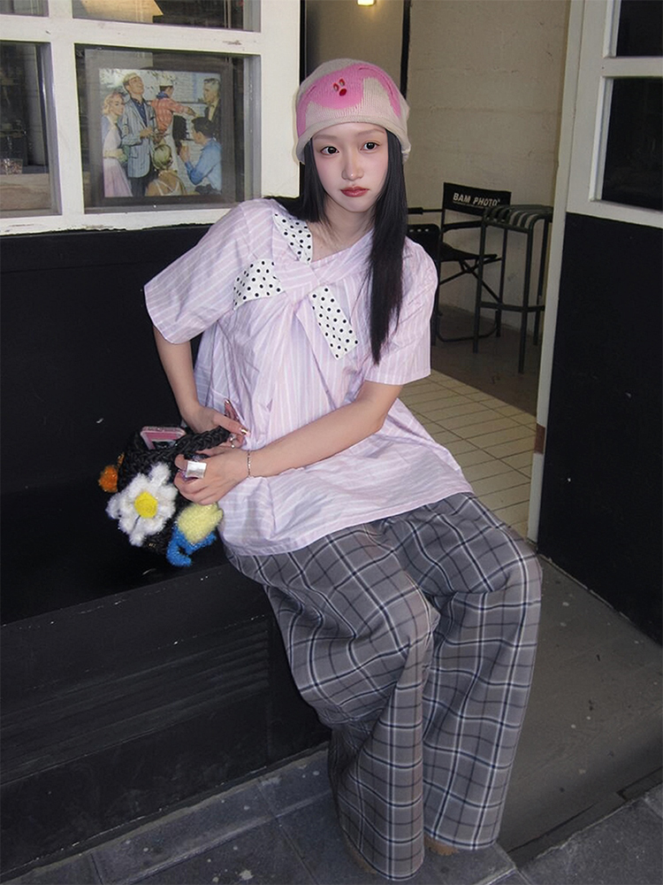 Polka Dot Bow Short Sleeve Shirt for Women - Pink Striped Blouse, French Sweet Top, Trendy Summer Fashion Polka Dot Bow Short Sleeve Shirt for Women - Pink Striped Blouse, French Sweet Top, Trendy Summer Fashion