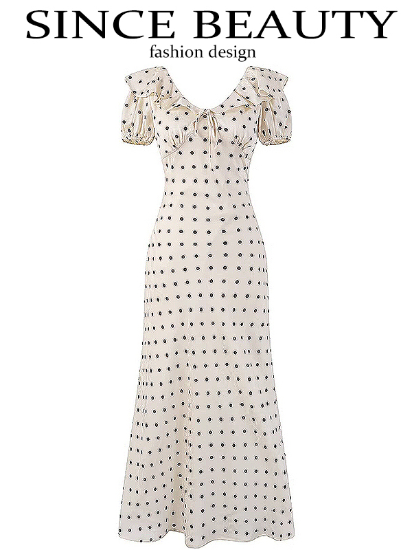 Polka Dot Print Ruffled V-Neck Puff Sleeve Dress for Women - Slimming Waist-Defining Long Dress, Perfect for 90s and Y2K Style Polka Dot Print Ruffled V-Neck Puff Sleeve Dress for Women - Slimming Waist-Defining Long Dress, Perfect for 90s and Y2K Style