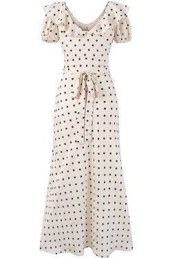 Polka Dot Print Ruffled V-Neck Puff Sleeve Dress for Women - Slimming Waist-Defining Long Dress, Perfect for 90s and Y2K Style