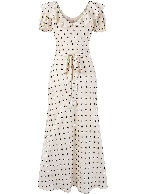 Polka Dot Print Ruffled V-Neck Puff Sleeve Dress for Women - Slimming Waist-Defining Long Dress, Perfect for 90s and Y2K Style Polka Dot Print Ruffled V-Neck Puff Sleeve Dress for Women - Slimming Waist-Defining Long Dress, Perfect for 90s and Y2K Style