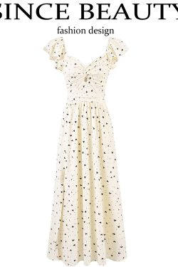 Polka Dot Short Sleeve Dress for Women - French Heart Design, Long Skirt, Summer 2025 Fashion, Cute and Trendy Look
