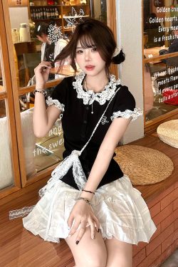 Polka Dot Spliced Black Knitted Short Sleeve Women's Summer Top - Fitted Slim College Style