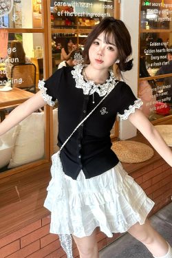 Polka Dot Spliced Black Knitted Short Sleeve Women's Summer Top - Fitted Slim College Style