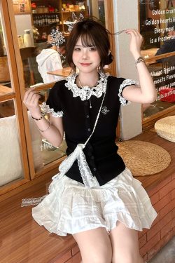 Polka Dot Spliced Black Knitted Short Sleeve Women's Summer Top - Fitted Slim College Style