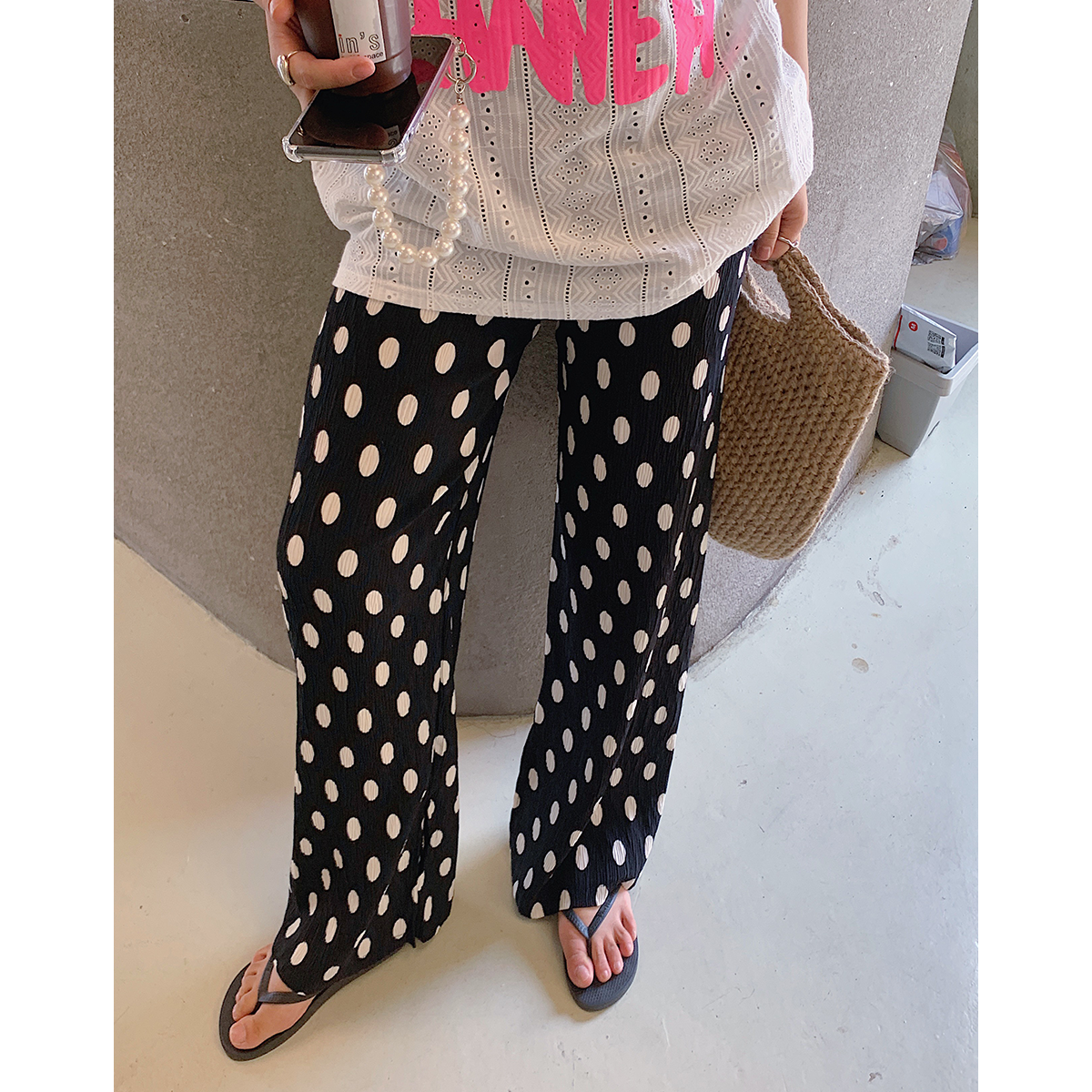 Polka Dot Wide-Leg Pants for Women, High-Waisted Summer Trousers, Loose Fit Casual Split Design, Trendy Fashion for Stylish Looks Polka Dot Wide-Leg Pants for Women, High-Waisted Summer Trousers, Loose Fit Casual Split Design, Trendy Fashion for Stylish Looks