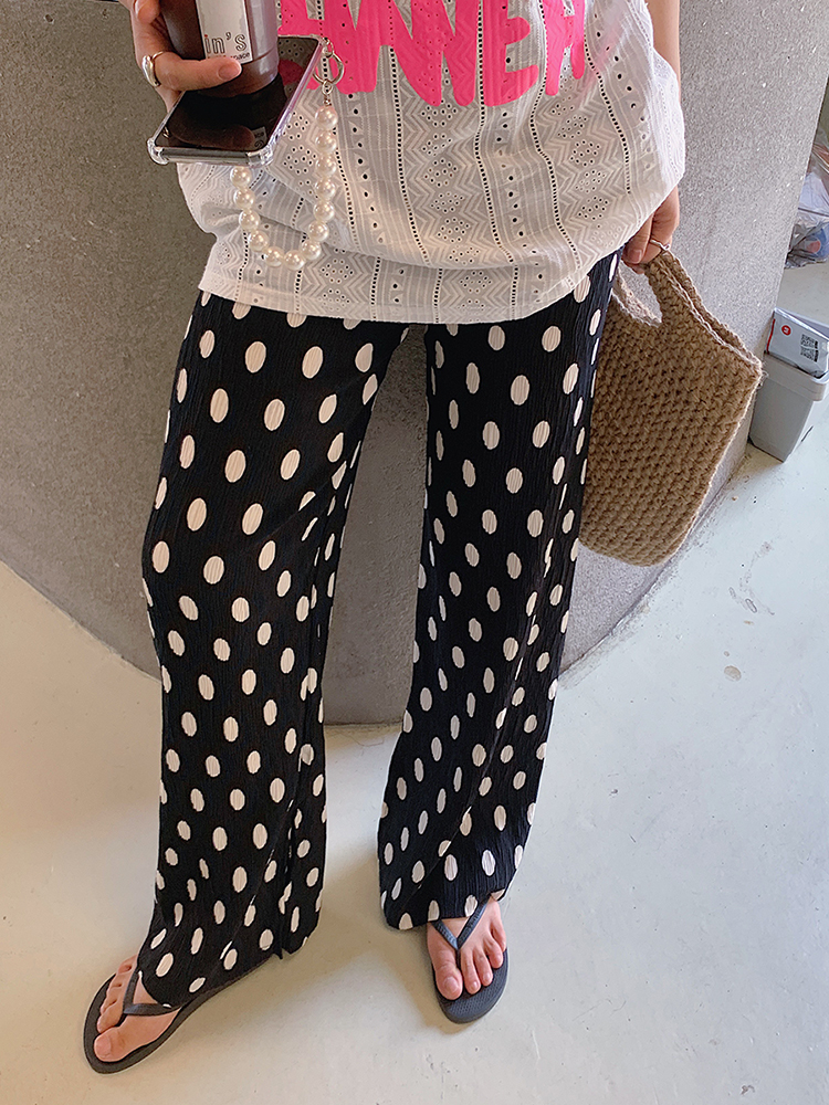 Polka Dot Wide-Leg Pants for Women, High-Waisted Summer Trousers, Loose Fit Casual Split Design, Trendy Fashion for Stylish Looks Polka Dot Wide-Leg Pants for Women, High-Waisted Summer Trousers, Loose Fit Casual Split Design, Trendy Fashion for Stylish Looks