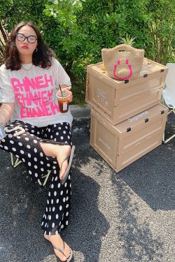 Polka Dot Wide-Leg Pants for Women, High-Waisted Summer Trousers, Loose Fit Casual Split Design, Trendy Fashion for Stylish Looks