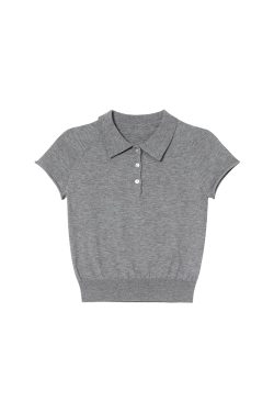 Polo Collar Raglan Sleeve Knitted Short Sleeve T-Shirt for Women - Slim Fit Summer 2025 Essential Top, Casual Chic Style