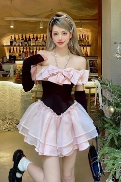 Princess Black Puff Skirt Dress with Bow and Diamond-Studded Neck, Fairy Tale Style for Birthdays, Y2K Fashion