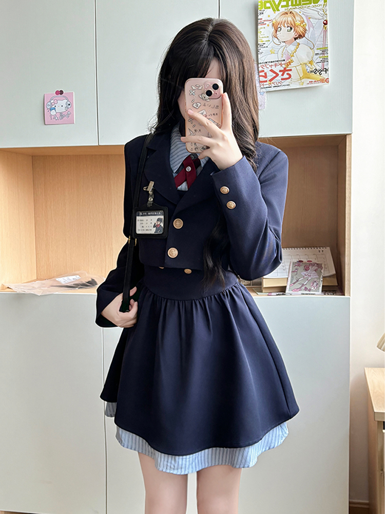 Pudding Bear JK Uniform Fake Two-Piece Shirt Dress - Waist-Cinching, Slimming Effect, College Style, Cute Short Set Pudding Bear JK Uniform Fake Two-Piece Shirt Dress - Waist-Cinching, Slimming Effect, College Style, Cute Short Set
