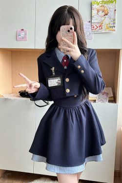 Pudding Bear JK Uniform Fake Two-Piece Shirt Dress - Waist-Cinching, Slimming Effect, College Style, Cute Short Set