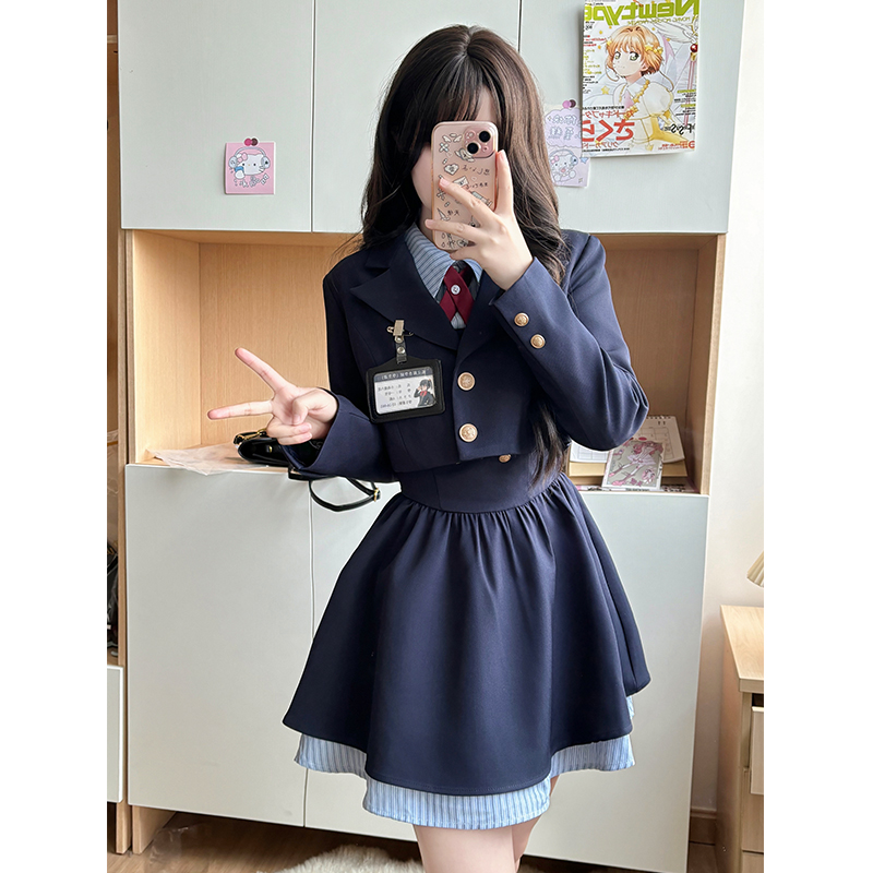 Pudding Bear JK Uniform Fake Two-Piece Shirt Dress - Waist-Cinching, Slimming Effect, College Style, Cute Short Set Pudding Bear JK Uniform Fake Two-Piece Shirt Dress - Waist-Cinching, Slimming Effect, College Style, Cute Short Set