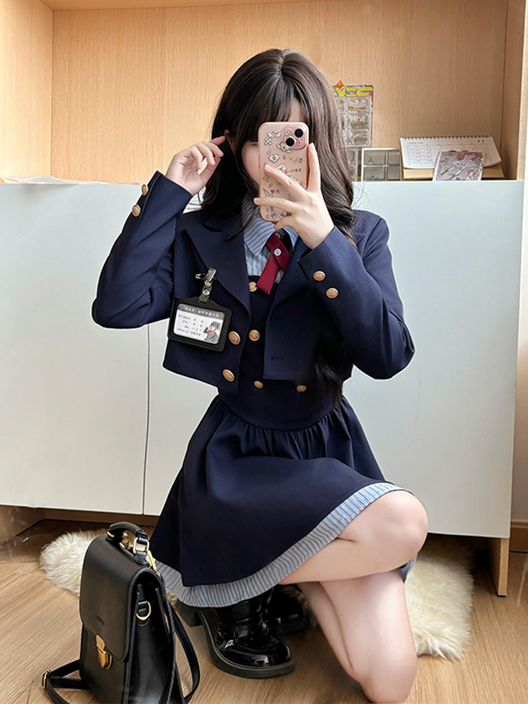 Pudding Bear JK Uniform Fake Two-Piece Shirt Dress - Waist-Cinching, Slimming Effect, College Style, Cute Short Set Pudding Bear JK Uniform Fake Two-Piece Shirt Dress - Waist-Cinching, Slimming Effect, College Style, Cute Short Set
