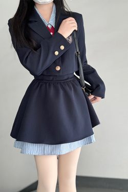 Pudding Bear JK Uniform Fake Two-Piece Shirt Dress - Waist-Cinching, Slimming Effect, College Style, Cute Short Set