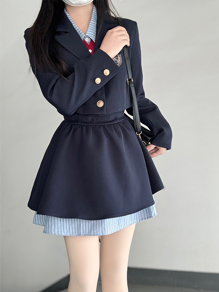 Pudding Bear JK Uniform Fake Two-Piece Shirt Dress - Waist-Cinching, Slimming Effect, College Style, Cute Short Set Pudding Bear JK Uniform Fake Two-Piece Shirt Dress - Waist-Cinching, Slimming Effect, College Style, Cute Short Set