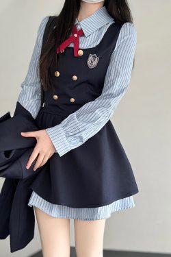 Pudding Bear JK Uniform Fake Two-Piece Shirt Dress - Waist-Cinching, Slimming Effect, College Style, Cute Short Set