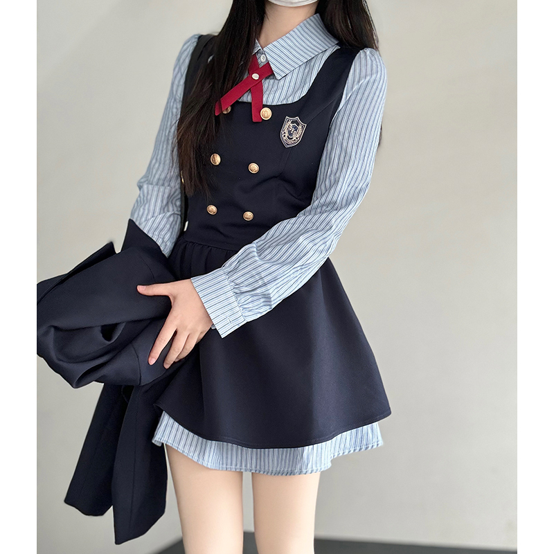 Pudding Bear JK Uniform Fake Two-Piece Shirt Dress - Waist-Cinching, Slimming Effect, College Style, Cute Short Set Pudding Bear JK Uniform Fake Two-Piece Shirt Dress - Waist-Cinching, Slimming Effect, College Style, Cute Short Set