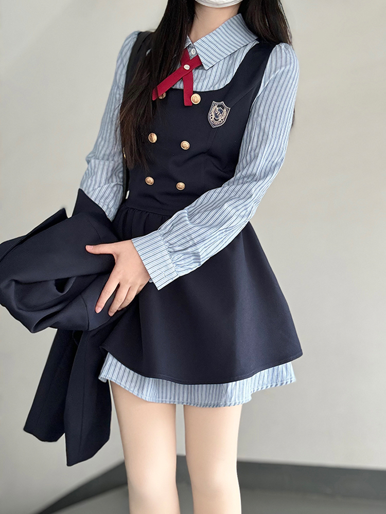 Pudding Bear JK Uniform Fake Two-Piece Shirt Dress - Waist-Cinching, Slimming Effect, College Style, Cute Short Set Pudding Bear JK Uniform Fake Two-Piece Shirt Dress - Waist-Cinching, Slimming Effect, College Style, Cute Short Set