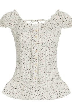 Puff Sleeve Lace-Trimmed Floral Shirt for Women - Cinched Waist Short Sleeve French Cardigan Style - Countryside Town Design