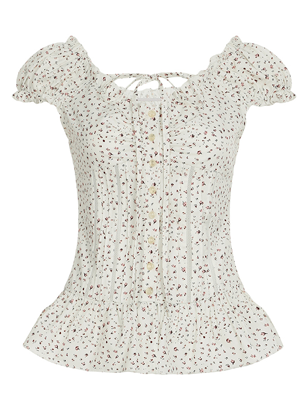 Puff Sleeve Lace-Trimmed Floral Shirt for Women - Cinched Waist Short Sleeve French Cardigan Style - Countryside Town Design Puff Sleeve Lace-Trimmed Floral Shirt for Women - Cinched Waist Short Sleeve French Cardigan Style - Countryside Town Design