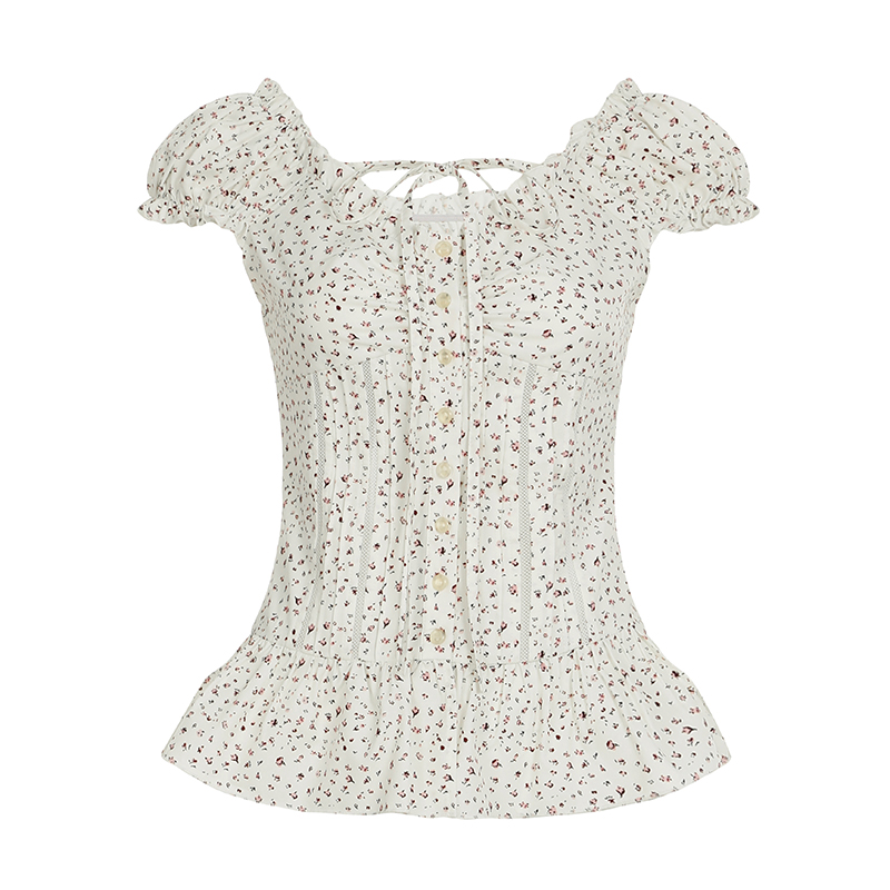 Puff Sleeve Lace-Trimmed Floral Shirt for Women - Cinched Waist Short Sleeve French Cardigan Style - Countryside Town Design Puff Sleeve Lace-Trimmed Floral Shirt for Women - Cinched Waist Short Sleeve French Cardigan Style - Countryside Town Design