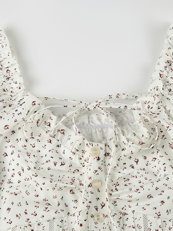 Puff Sleeve Lace-Trimmed Floral Shirt for Women - Cinched Waist Short Sleeve French Cardigan Style - Countryside Town Design Puff Sleeve Lace-Trimmed Floral Shirt for Women - Cinched Waist Short Sleeve French Cardigan Style - Countryside Town Design