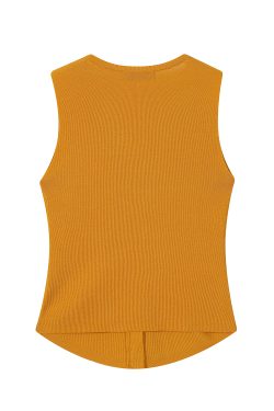 Pumpkin-Colored Sleeveless Knitted T-Shirt with Fitted Waist and Pleated Vest Detail for Women - Perfect for Fall Fashion