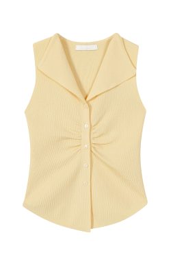 Pumpkin-Colored Sleeveless Knitted T-Shirt with Fitted Waist and Pleated Vest Detail for Women - Perfect for Fall Fashion