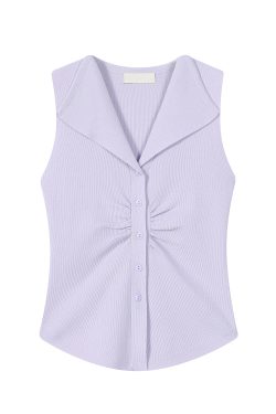 Pumpkin-Colored Sleeveless Knitted T-Shirt with Fitted Waist and Pleated Vest Detail for Women - Perfect for Fall Fashion