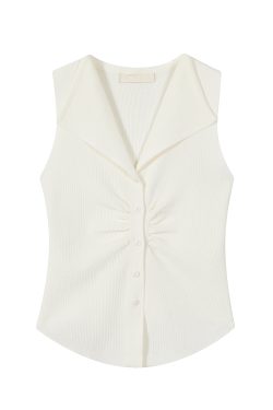 Pumpkin-Colored Sleeveless Knitted T-Shirt with Fitted Waist and Pleated Vest Detail for Women - Perfect for Fall Fashion