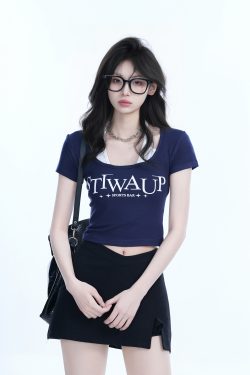 Pure Desire Style Neck Hanging Strap Short Sleeve T-Shirt for Women - Faux Two-Piece Slim Fit Top, Perfect for Y2K and Casual Wear