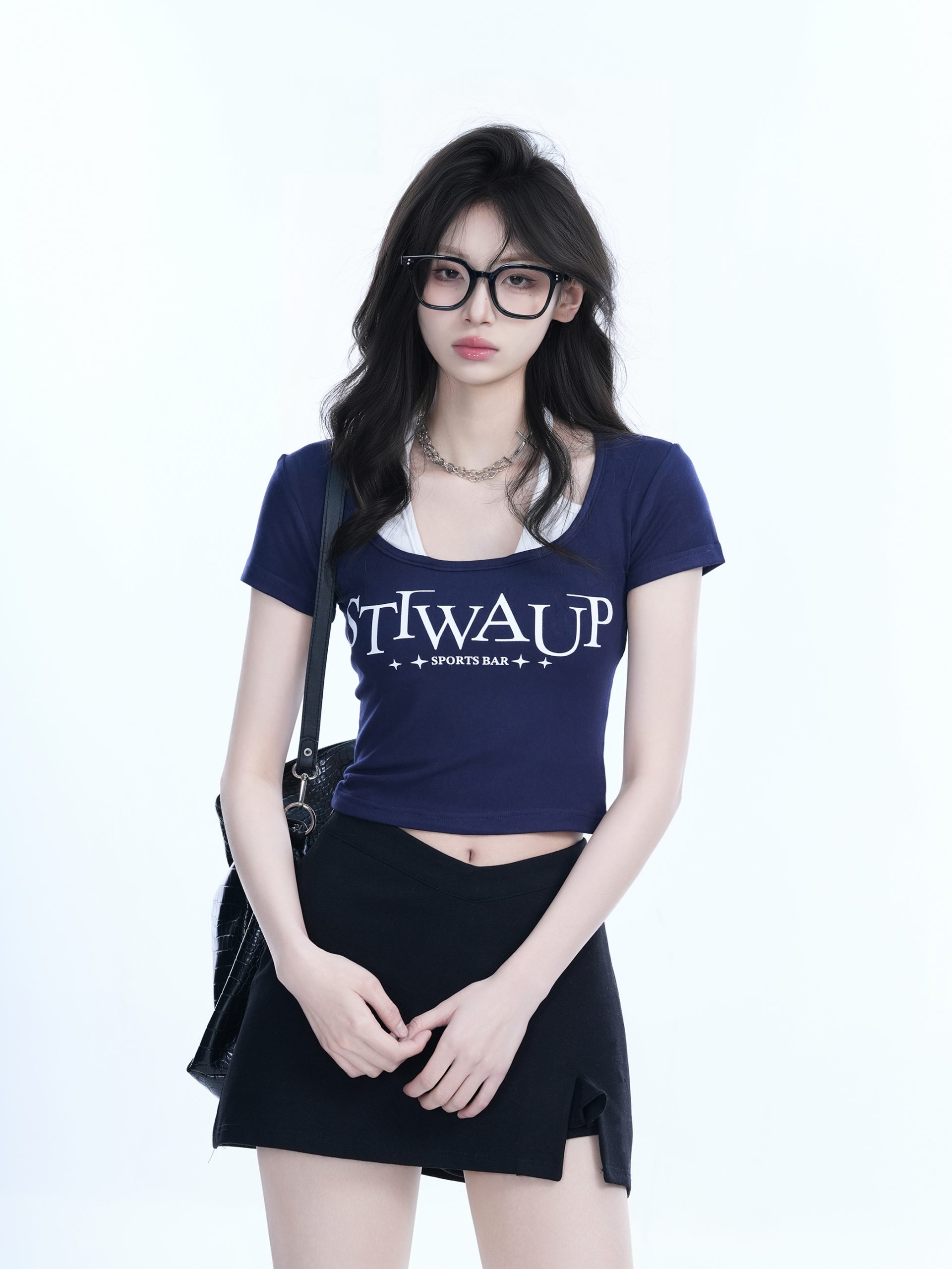 Pure Desire Style Neck Hanging Strap Short Sleeve T-Shirt for Women - Faux Two-Piece Slim Fit Top, Perfect for Y2K and Casual Wear Pure Desire Style Neck Hanging Strap Short Sleeve T-Shirt for Women - Faux Two-Piece Slim Fit Top, Perfect for Y2K and Casual Wear