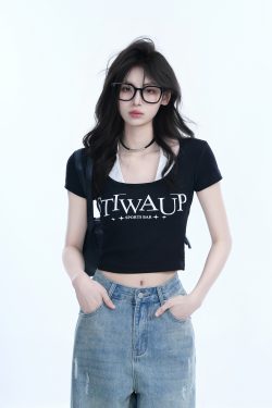 Pure Desire Style Neck Hanging Strap Short Sleeve T-Shirt for Women - Faux Two-Piece Slim Fit Top, Perfect for Y2K and Casual Wear