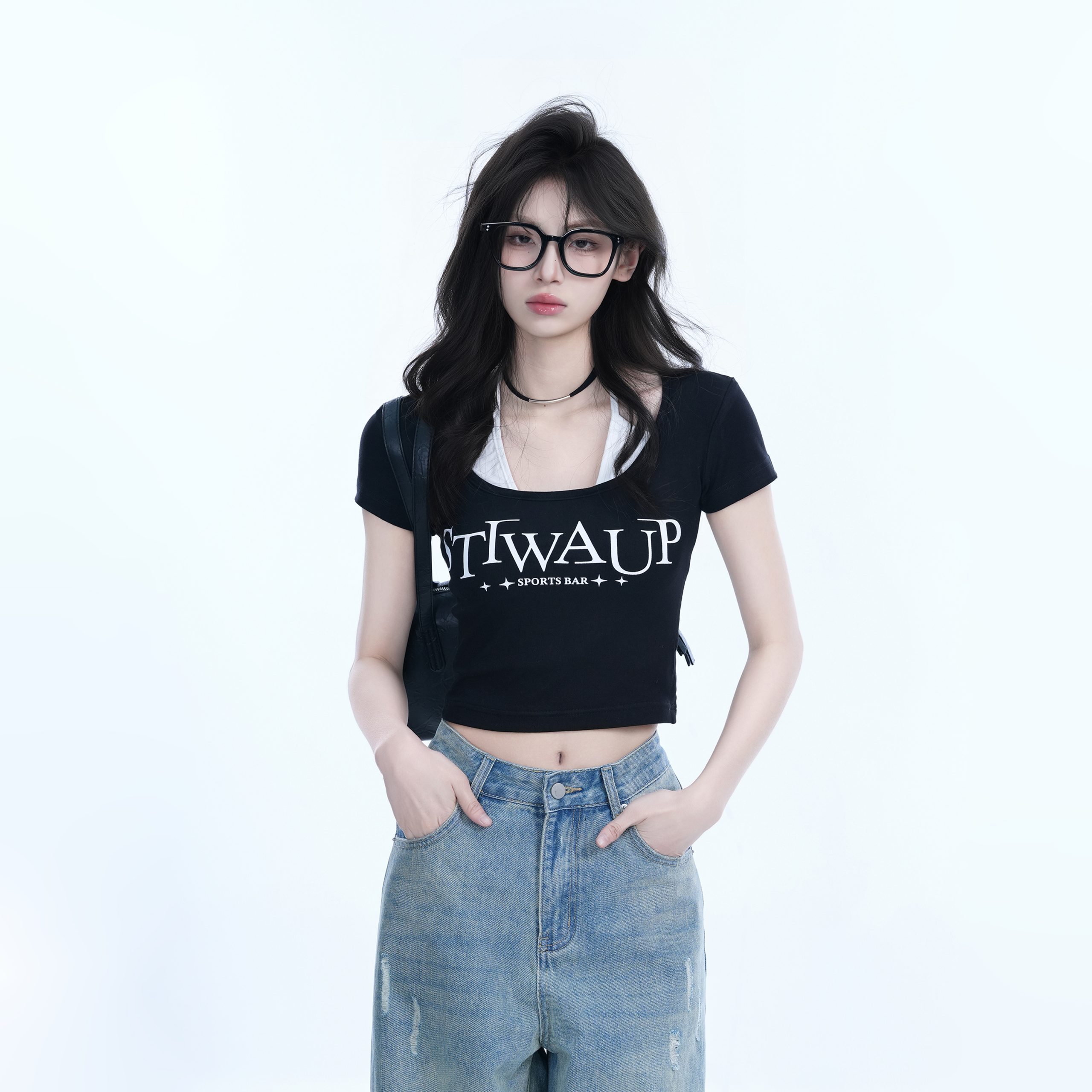 Pure Desire Style Neck Hanging Strap Short Sleeve T-Shirt for Women - Faux Two-Piece Slim Fit Top, Perfect for Y2K and Casual Wear Pure Desire Style Neck Hanging Strap Short Sleeve T-Shirt for Women - Faux Two-Piece Slim Fit Top, Perfect for Y2K and Casual Wear