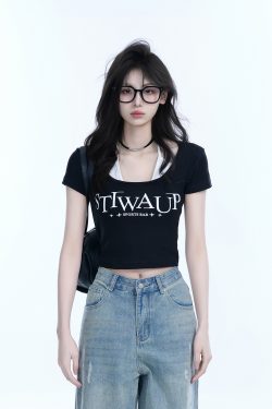 Pure Desire Style Neck Hanging Strap Short Sleeve T-Shirt for Women - Faux Two-Piece Slim Fit Top, Perfect for Y2K and Casual Wear