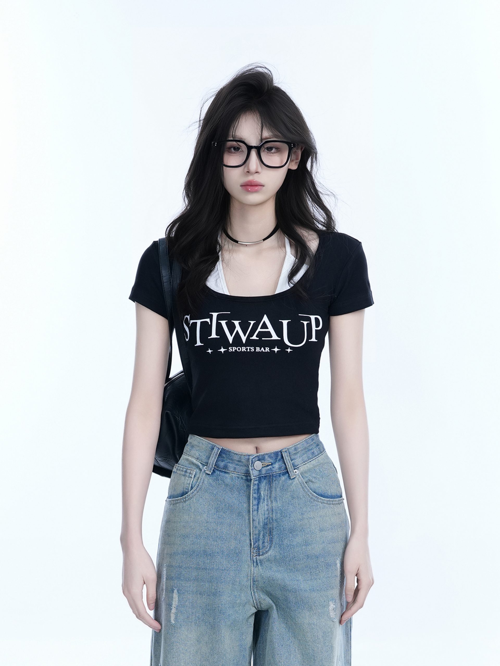 Pure Desire Style Neck Hanging Strap Short Sleeve T-Shirt for Women - Faux Two-Piece Slim Fit Top, Perfect for Y2K and Casual Wear Pure Desire Style Neck Hanging Strap Short Sleeve T-Shirt for Women - Faux Two-Piece Slim Fit Top, Perfect for Y2K and Casual Wear