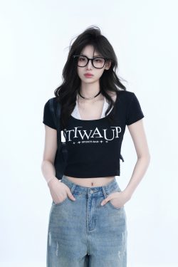 Pure Desire Style Neck Hanging Strap Short Sleeve T-Shirt for Women - Faux Two-Piece Slim Fit Top, Perfect for Y2K and Casual Wear