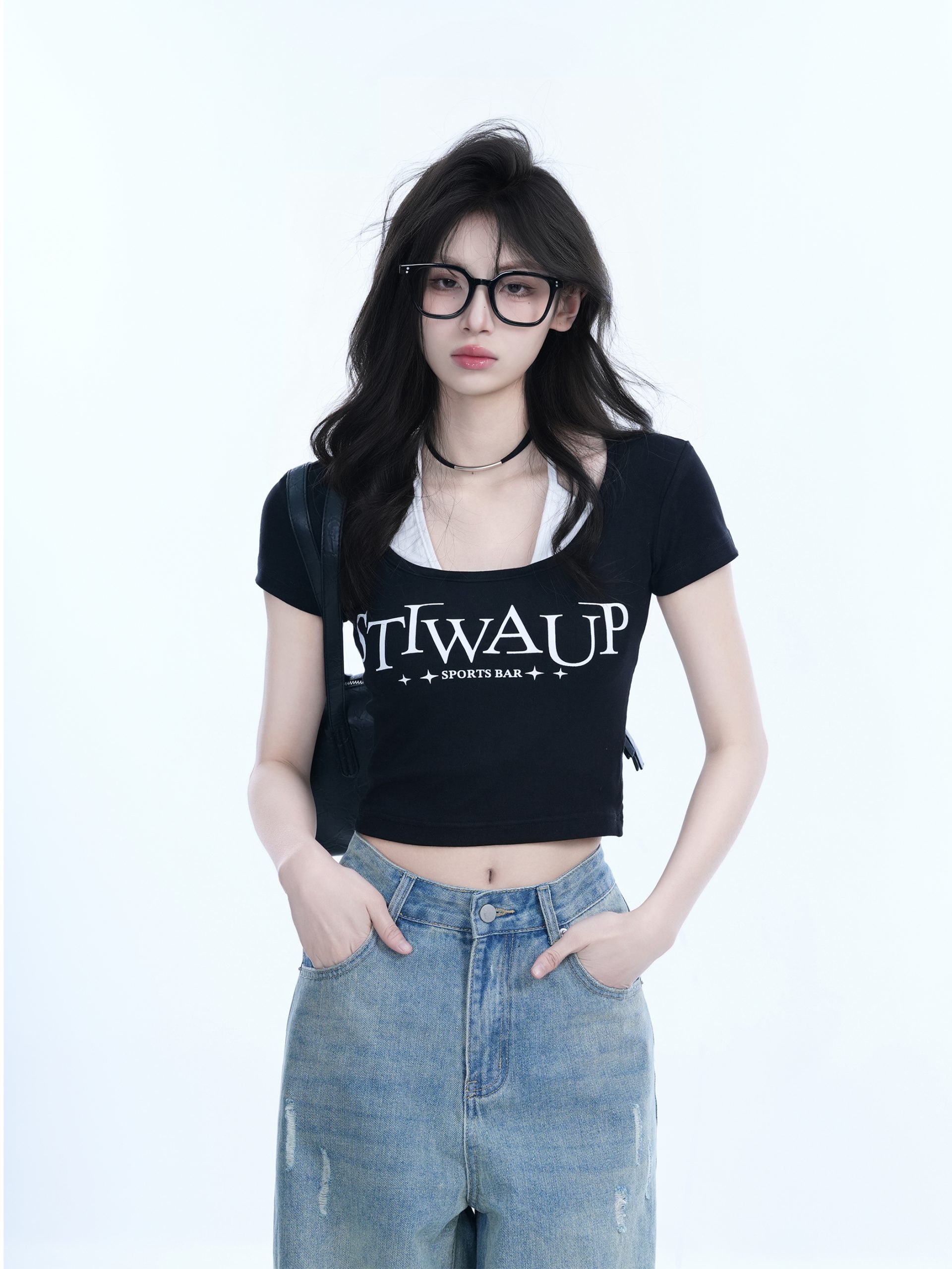 Pure Desire Style Neck Hanging Strap Short Sleeve T-Shirt for Women - Faux Two-Piece Slim Fit Top, Perfect for Y2K and Casual Wear Pure Desire Style Neck Hanging Strap Short Sleeve T-Shirt for Women - Faux Two-Piece Slim Fit Top, Perfect for Y2K and Casual Wear