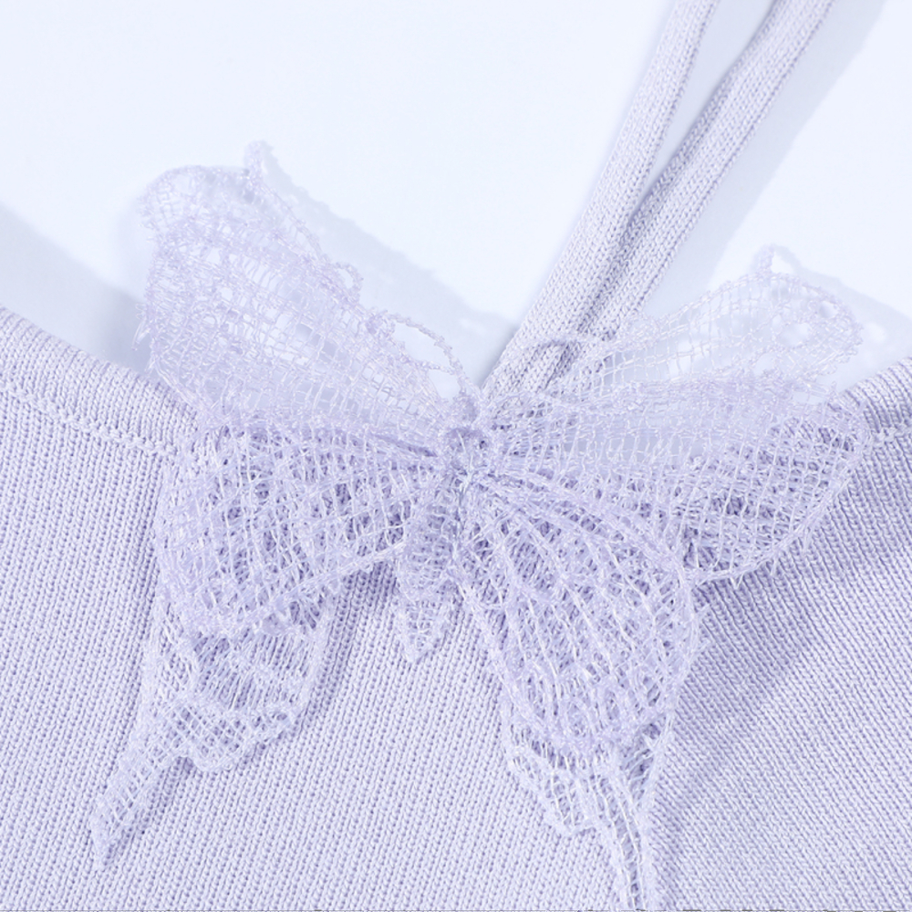 Purple 3D Butterfly Off-Shoulder Knit T-Shirt with Waist-Cinching Fit - Petite Summer Style Purple 3D Butterfly Off-Shoulder Knit T-Shirt with Waist-Cinching Fit - Petite Summer Style