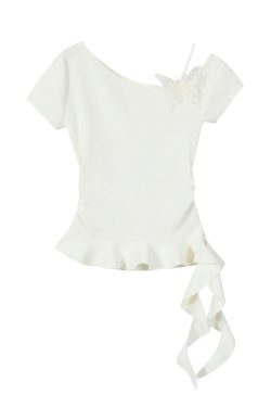 Purple 3D Butterfly Off-Shoulder Knit T-Shirt with Waist-Cinching Fit - Petite Summer Style