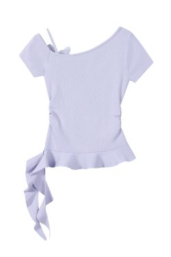 Purple 3D Butterfly Off-Shoulder Knit T-Shirt with Waist-Cinching Fit - Petite Summer Style