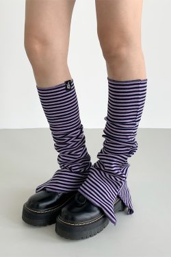 Purple-Black Striped Split Socks - Versatile Casual Taro Mud Design for Trendy Y2K Style