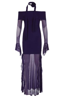 Purple Charm Off-Shoulder Sheer Long Dress with Bell Sleeves - Elegant Split Design for Women, Perfect for Special Occasions